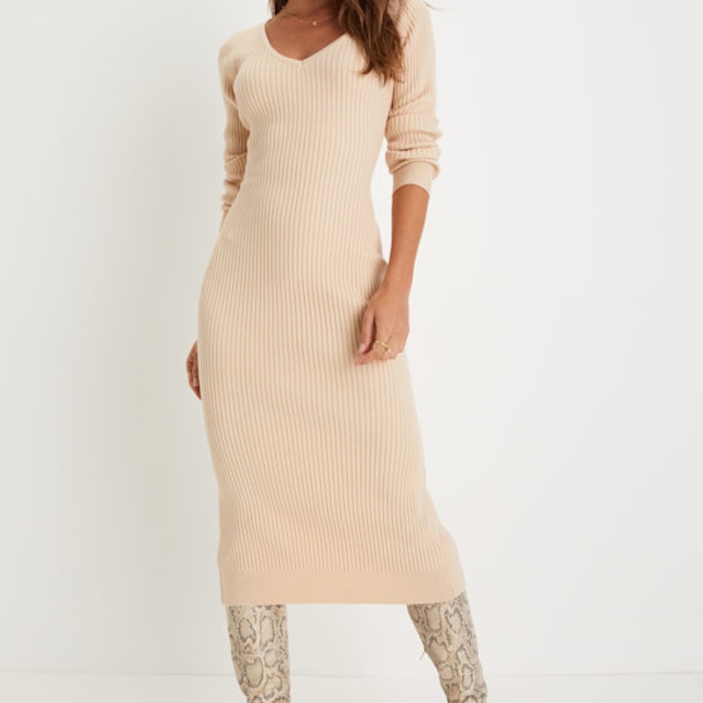 Lulus Everyday Beauty Beige Long Sleeve Ribbed Knit Sweater Dress - Size M